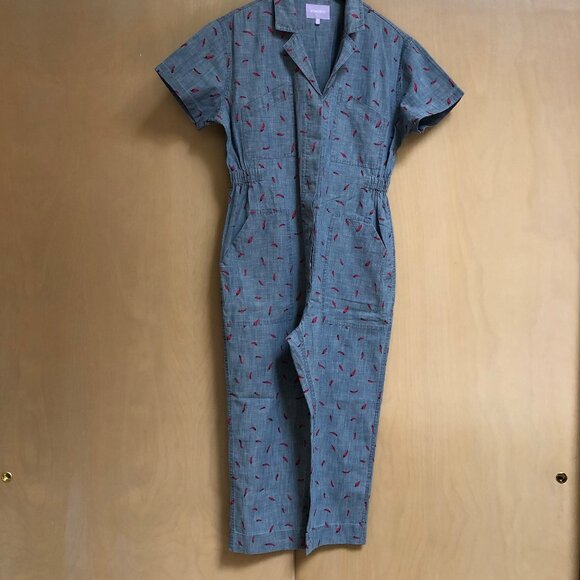 Bonobos Riviera Jumpsuit Chambray with Fuchsia Caliente Pepper Print Size Medium - Picture 1 of 14